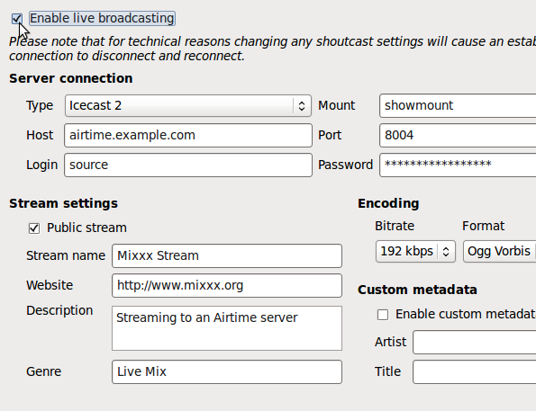 Mixxx Shoutcast Server Mount Point